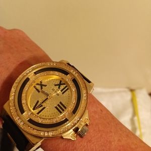 Ice Trend big bling men's gold tone and black rubber watch band